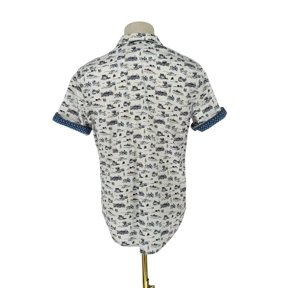 Robert Graham Button Front Short Sleeve Shirt THROTTLE Classic Car  Print M